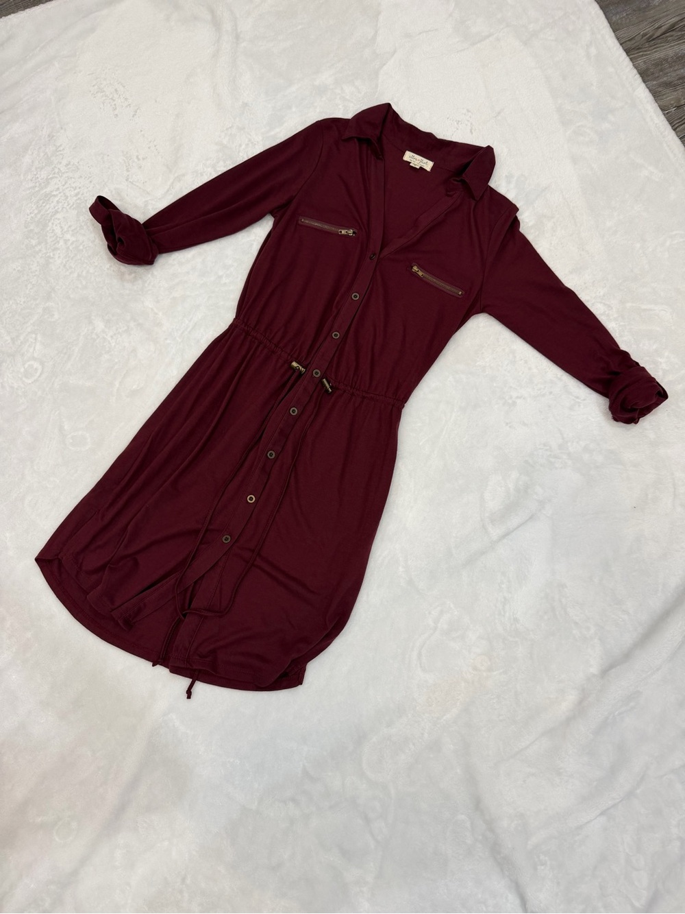 Ultra Flirt Burgundy Button-Front Drawstring Shirt Dress